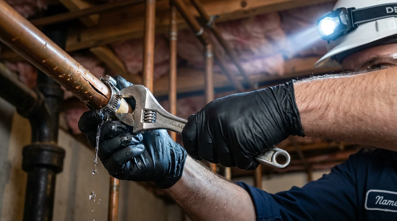 Emergency pipe clamp repair being performed by a Johns Plumbing LLC plumber in Georgetown