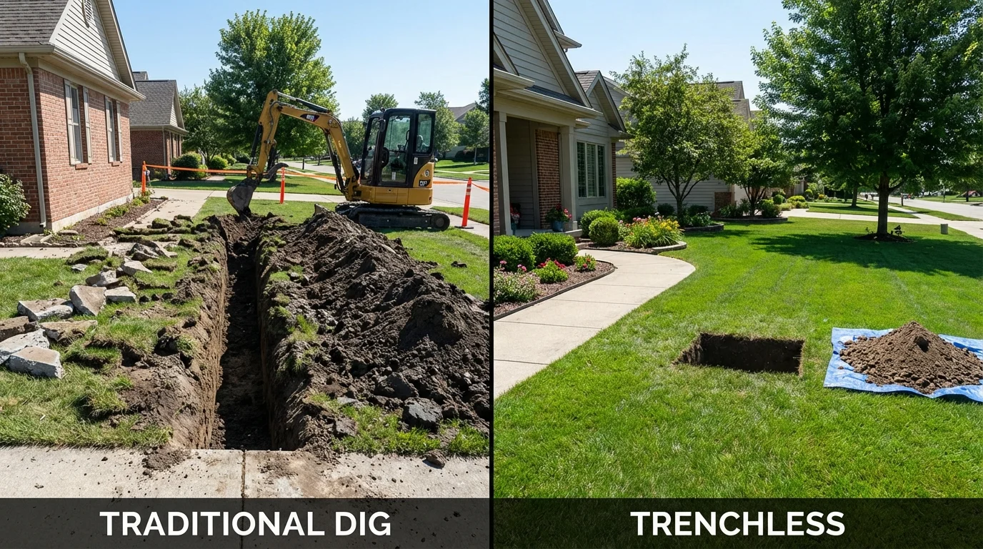 Trenchless sewer repair with minimal yard damage versus traditional excavation in Georgetown, IL