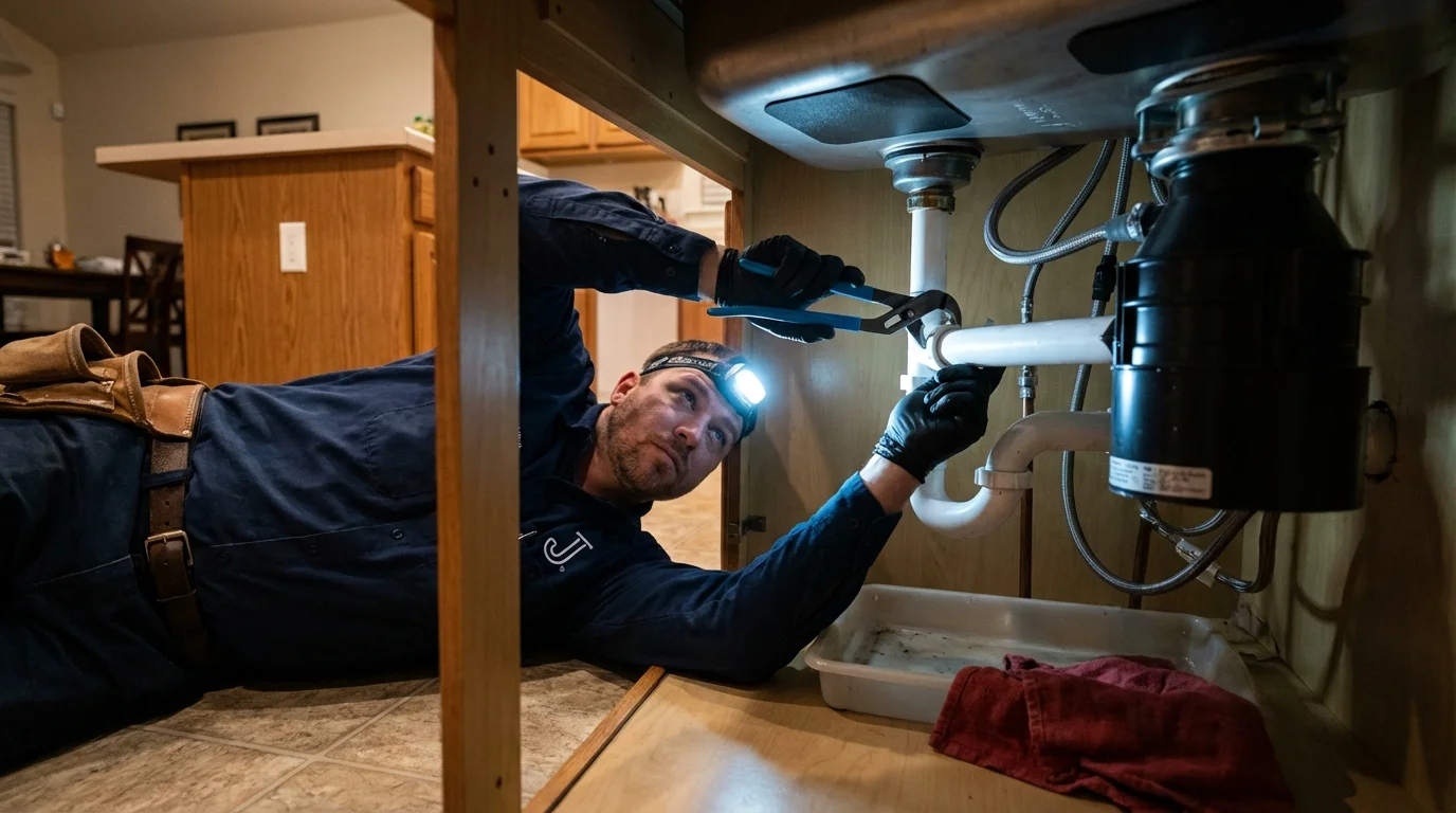 P-trap and supply line connections under a kitchen sink showing a common leak point in Georgetown, IL